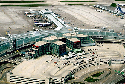 Main Terminal, building, parking structure, cars, aircraft