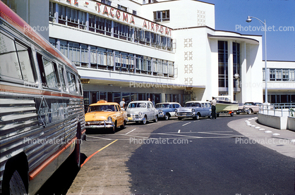 Bus, Taxi Cab, cars, vehicles, Seattle Tacoma Airport, automobiles, October 1958, 1950s
