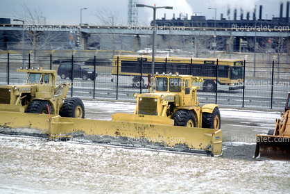 Snowplow, tractor, Hertz bus