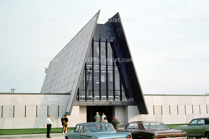 The Protestent Chapel, A-Frame Building, Church, Cars, vehicles, August 1968, 1960s