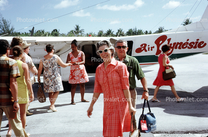 Passengers, woman, cateye glasses, Air Polynesie, January 1973, 1970s