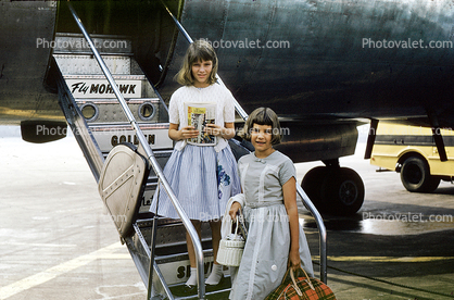 Girls, Stairs, Mohawk Airlines, dress, female, airstairs, July 1961, 1960s