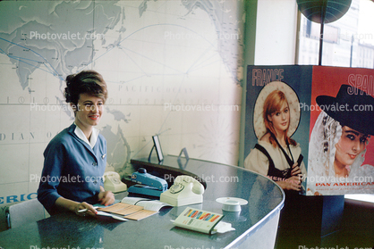 PanAm assistant, woman, telephone, reception, mod table, map, madmen, April 1962, 1960s