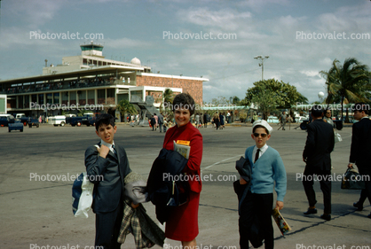 Mother and her Sons, boys, Terminal Building, boarding, April 1965, 1960s