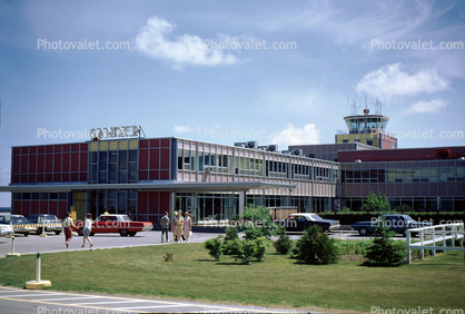 Passenger Terminal Building, cars, people, taxi cab, July 1967, 1960s
