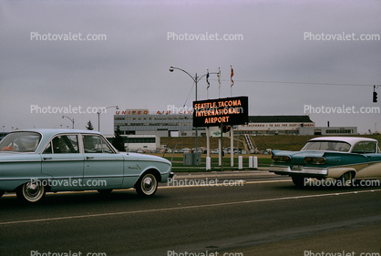1961 Ford Falcon, 1958 Ford Fairlane, Cars, SeaTac Terminal, September 1962, 1960s