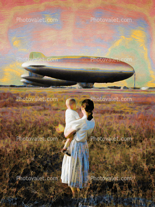 Woman and Child looking at a row of Blimps, Paintography