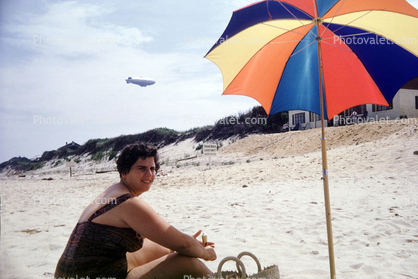 Woman, Beach, Umbrella, Blimp, Sand, Sandy