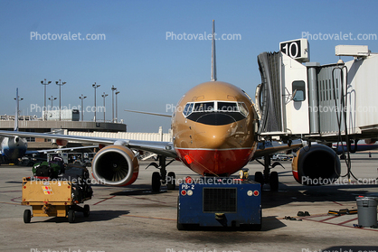 San Diego, Lindbergh Field, Boeing 737, pusher tug, baggage cart