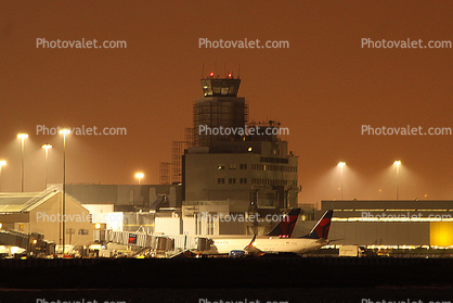 Rainy night at SFO, Control Tower, jetway, terminals