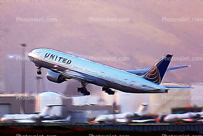 Boeing 777 United UAL, takeoff, flight, flying, airborne, Paintography, Abstract