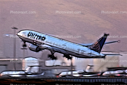 Boeing 777 United UAL, takeoff, flight, flying, airborne, Paintography, Abstract