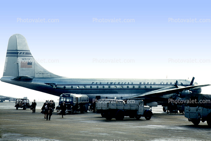 N1041V, Boeing 377-10-26, Pan American Airways, Heathrow, London, Cars, Automobile, Vehicles, 1940s