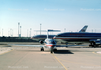 Jets lined up for take-off, American Airlines AAL, Douglas DC-10, MD-80, December 2, 1986