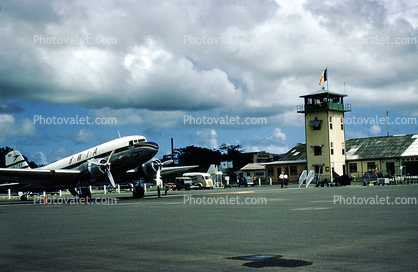 VP-TBF, Control Tower, Douglas DC-3, British West Indies Airlines, clouds, Antigua, 1950s