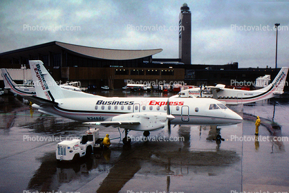 N348BE, Saab 340B, Business Express, Control Tower, (BOS), Boston, Massachusetts, Business Express, Rainy