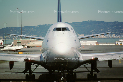 D-ABVE, Boeing 747-430, Lufthansa, (SFO), 747-400 series, CF6, head-on, nose, CF6-80C2B1F