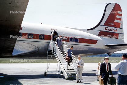N88841, Capital International Airways, Deboarding, Disembarking Passengers, Mobile Stairs, steps, Rampstairs, ramp, 1950s