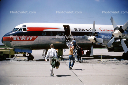 Lockheed L-188 Electra, Braniff International Airways, passengers boarding, 1970s
