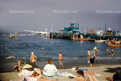 Beach, Pier, Avalon Harbor, California, Sikorsky VS-44A, Avalon Air, 1958, 1950s