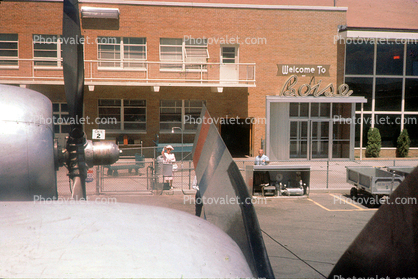 Propeller, spinner, Woman Greeting, Boise Air Terminal, Idaho, 1960, 1960s
