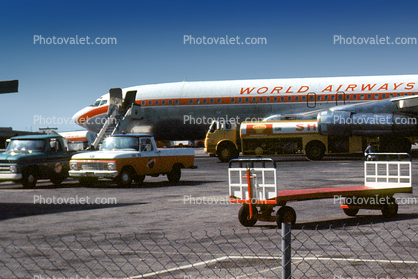 Shell Fuel Truck, Refueling, Avgas, Pickup Truck, N373WA, Boeing 707-373C, World Airways WOA, JT3D-3B, JT3D