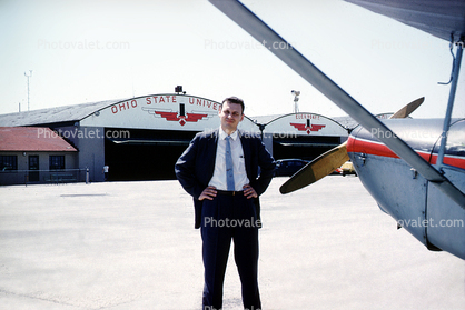 Man, Suit and Tie, Male, Taylorcraft, Ohio State University, Hangars, N44065, Akron, 1958, 1950s