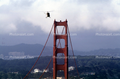 flying, airborne, Helicopter Flying near the GGB South Tower