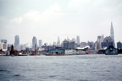 New York Airways, skyline, cityscape, docks, harbor, NYC, July 1959, 1950s, NYA