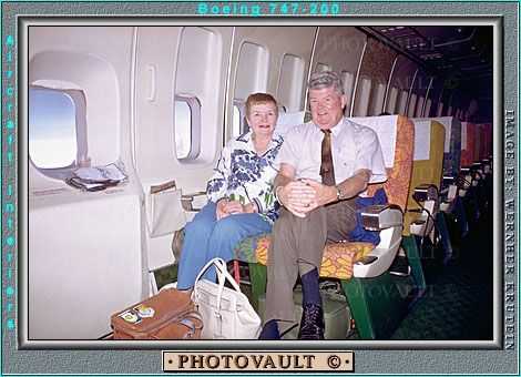 Passengers, Bags, Man, Woman, seats, Boeing 747, August 1974, 1970s