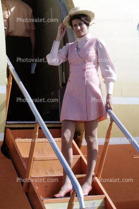 Flight Attendant, Stewardess, Woman, Uniform, Hat, dress, steps, stairs, door, 1960s