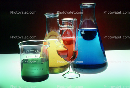Beaker, liquid, bottles