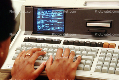 Hewlett Packard HP-85 Desktop Computer, Hand on Keyboard, 80 Series, 18 October 1982, 1980s