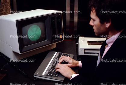 NCR Desktop Computer, Man with Hands on Keyboard, 21 January 1983, 1980s