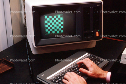 NCR Desktop Computer, Man with Hands on Keyboard, 21 January 1983, 1980s
