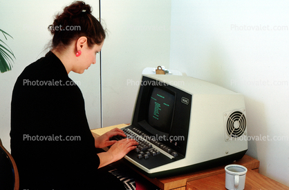 Desktop Computer, Hand on Keyboard, Oldtime, Wang Word Processor, 28 August 1984