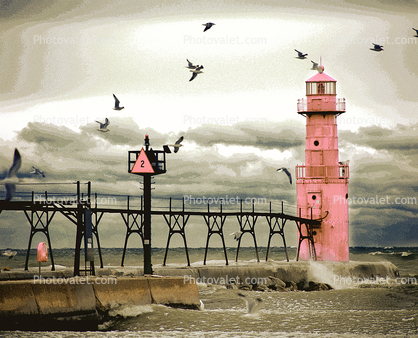Algoma Pierhead Lighthouse, Wisconsin, Lake Michigan, Great Lakes, northern pier, Ahnapee River, Paintography