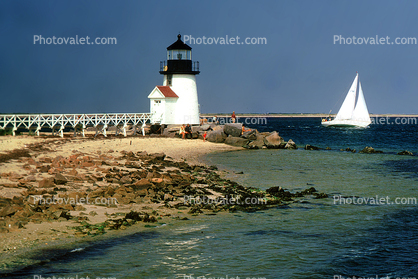 Brant Point Lighthouse, Beach, Rocks, Nantucket, Massachusetts, East Coast, Eastern Seaboard, Atlantic Ocean, 1950s
