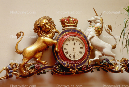 Clock, Unicorn, Lion, crown, Roman Numerals, Royal Clock