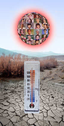 Global Warming Thermometer, cracked earth, children face globe, Photo-Illustration