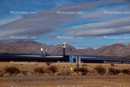Ivanpah Solar Electric Generating System, facility, Boiler Towers, surrounded by sun-tracking mirrors, San solar thermal power station, Bernardino County, California, Mojave Desert, 2016