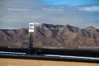 Ivanpah Solar Electric Generating System, facility, Boiler Towers, surrounded by sun-tracking mirrors, San Bernardino County, California, Mojave Desert, Mountains, 2016
