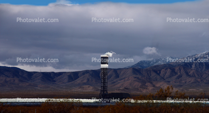Ivanpah Solar Electric Generating System, facility, Boiler Towers, surrounded by sun-tracking mirrors, San Bernardino County, California, Mojave Desert, 2016