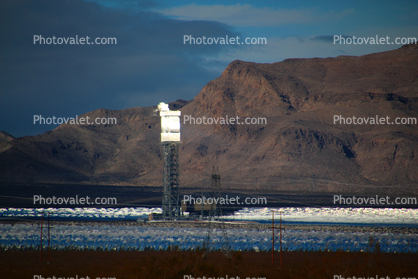 Ivanpah Solar Electric Generating System, NRG Energy, facility, Boiler Towers, surrounded by sun-tracking mirrors, San Bernardino County, California, Mojave Desert, 2016