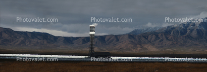Ivanpah Solar Electric Generating System, facility, Boiler Towers, surrounded by sun-tracking mirrors, San Bernardino County, California, Mojave Desert, 2016