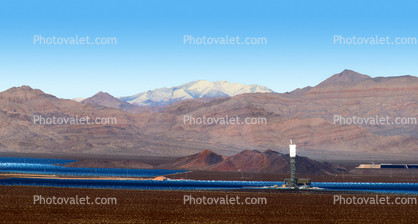 Ivanpah Solar Electric Generating System, facility, Boiler Tower, surrounded by sun-tracking mirrors, San Bernardino County, California, Mojave Desert, 2016