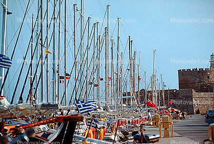 Rhodes Harbor, docks, castle, mast