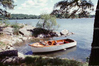 boat, lake, trees, 1975, 1970s