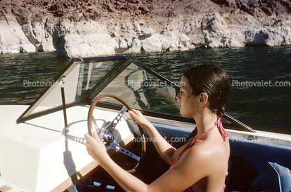 Woman, Steering, Pilot, Windshieild, Water, Powerboat, Lake Mead, Arizona, 1973, 1970s