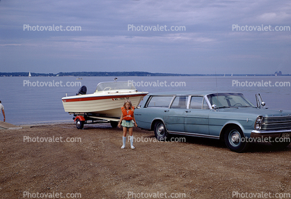Ford Fairlane Station Wagon, Boat Trailer, Girl, lake, lifevest, 1960s